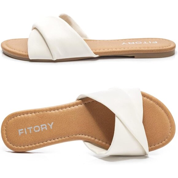 FITORY Women's Milk Synthesis Summer Soft Leather Cushioned Insole Flat Slides - Picture 4 of 5